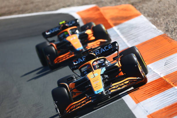 F1 Grand Prix of The Netherlands - Final PracticeZANDVOORT, NETHERLANDS - SEPTEMBER 03: Daniel Ricciardo of Australia driving the (3) McLaren MCL36 Mercedes leads Lando Norris of Great Britain driving the (4) McLaren MCL36 Mercedes during final practice ahead of the F1 Grand Prix of The Netherlands at Circuit Zandvoort on September 03, 2022 in Zandvoort, Netherlands.