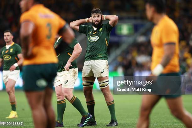 Lood de Jager of the Springboks looks on during The Rugby Championship match between the Australia Wallabies and South Africa Springboks at Allianz...