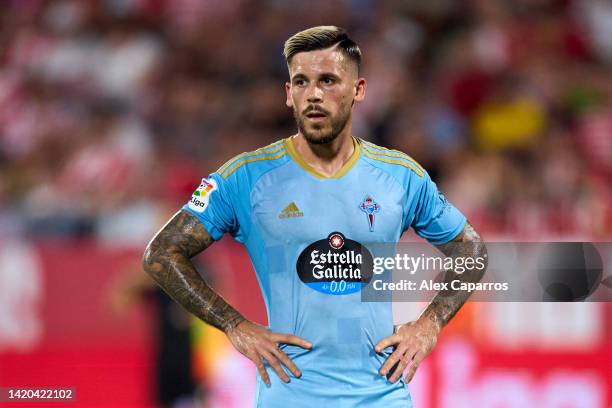 Carles Perez of RC Celta looks on during the LaLiga Santander match between Girona FC and RC Celta at Montilivi Stadium on August 26, 2022 in Girona,...