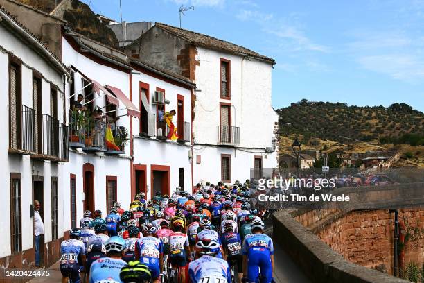 General view of the peloton passing through Montoro start village during the 77th Tour of Spain 2022, Stage 14 a 160,3km stage from Montoro to Sierra...