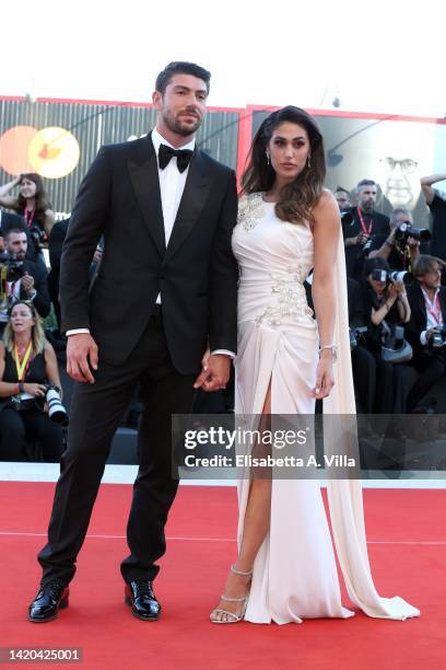 Ignazio Moser and Cecilia Rodriguez attend the "Bones And All" red carpet at the 79th Venice International Film Festival on September 02, 2022 in...