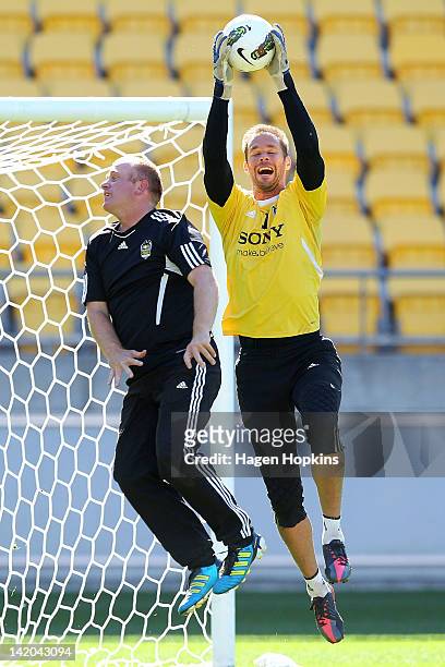Mark Paston makes a save during a Wellington Phoenix A-League training session at Westpac Stadium on March 29, 2012 in Wellington, New Zealand.