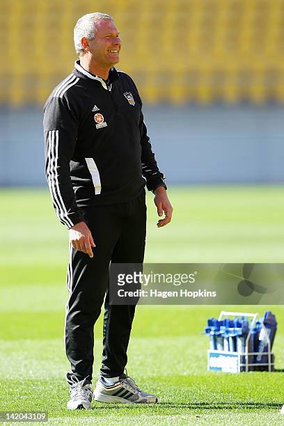 Coach Ricki Herbert looks on during a Wellington Phoenix A-League training session at Westpac Stadium on March 29, 2012 in Wellington, New Zealand.