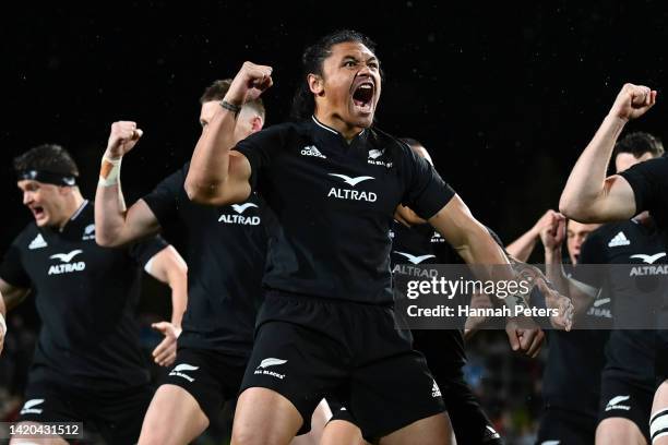 Caleb Clarke of the All Blacks performs the haka ahead of The Rugby Championship match between the New Zealand All Blacks and Argentina Pumas at FMG...