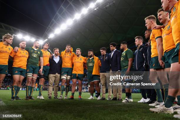 James Slipper of the Wallabies talks to his team mates after losing The Rugby Championship match between the Australia Wallabies and South Africa...