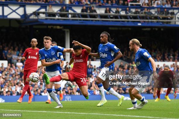 Luis Diaz of Liverpool misses a chance during the Premier League match between Everton FC and Liverpool FC at Goodison Park on September 03, 2022 in...