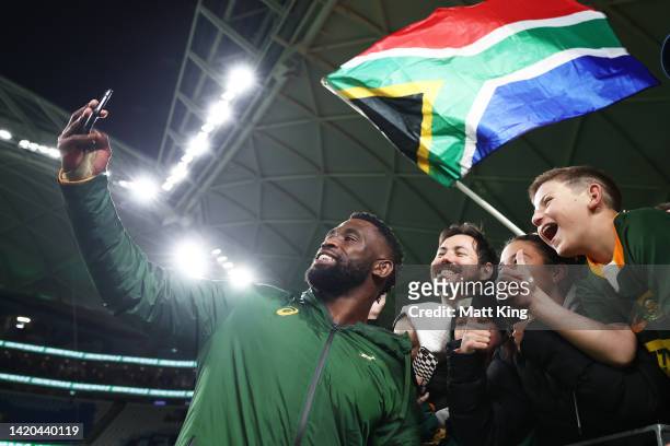 Siya Kolisi of the Springboks celebrates victory with fans after The Rugby Championship match between the Australia Wallabies and South Africa...