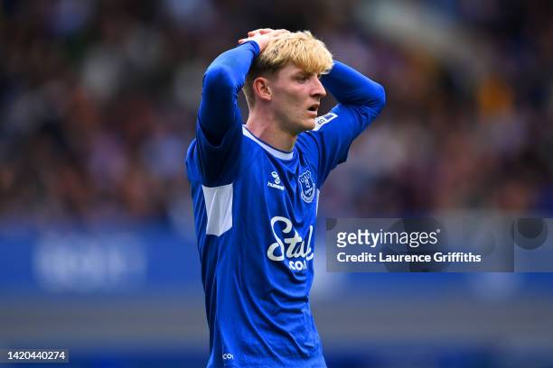 Anthony Gordon of Everton reacts during the Premier League match between Everton FC and Liverpool FC at Goodison Park on September 03, 2022 in...