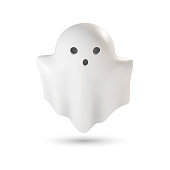3D realistic design of a cute funny cartoon ghost with a scary emotion on a face. Vector illustration. Isolated clipart with traditional decorative element for Helloween