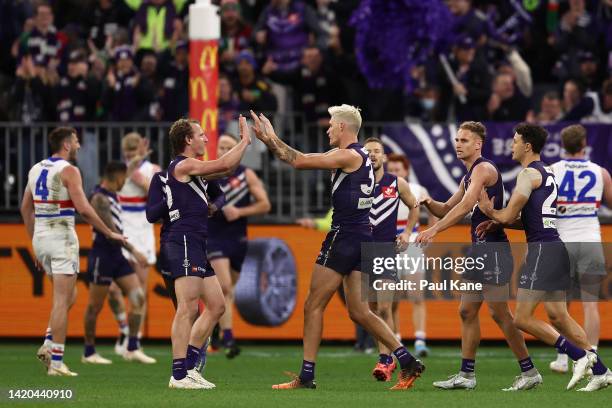 David Mundy and Rory Lobb of the Dockers celebrate a goal during the AFL First Elimination Final match between the Fremantle Dockers and the Western...