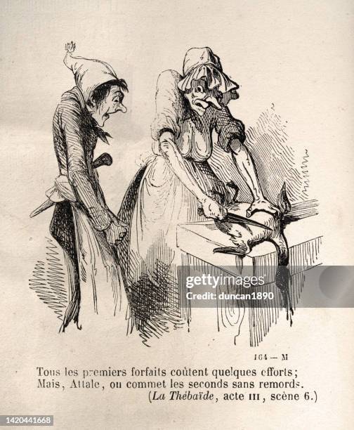 stockillustraties, clipart, cartoons en iconen met vintage illustration caricature woman butchering a goose , french, social history, 1860s, 19th century - ganzenvlees