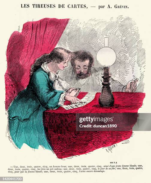 vintage-cartoon, frau, die die zukunft eines mannes in den karten liest, wahrsagerei, französisch, 1860er jahre, 19. jahrhundert - tarot cards stock-grafiken, -clipart, -cartoons und -symbole