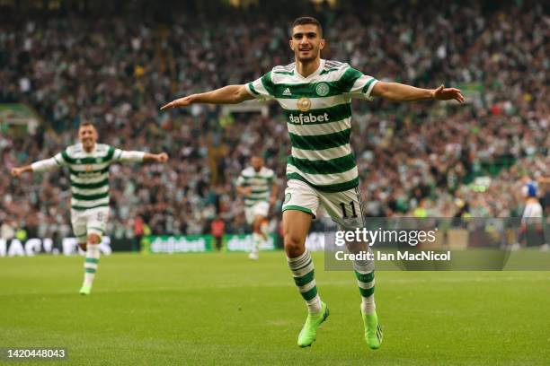 Liel Abada of Celtic celebrates after scoring their team's third goal during the Cinch Scottish Premiership match between Celtic FC and Rangers FC at...