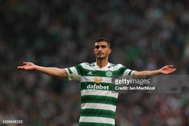 Liel Abada of Celtic celebrates after scoring their team's third goal during the Cinch Scottish Premiership match between Celtic FC and Rangers FC at...