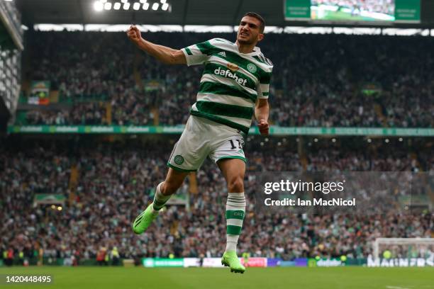 Liel Abada of Celtic celebrates after scoring their team's third goal during the Cinch Scottish Premiership match between Celtic FC and Rangers FC at...