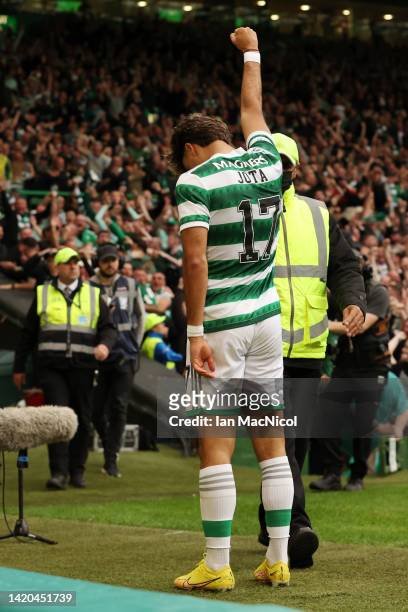 Jota of Celtic celebrates after scoring their team's second goal during the Cinch Scottish Premiership match between Celtic FC and Rangers FC at...