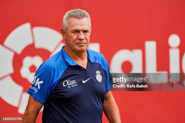 Javier Aguirre head coach of RCD Mallorca looks on prior to the LaLiga Santander match between RCD Mallorca and Girona FC at Estadi de Son Moix on...