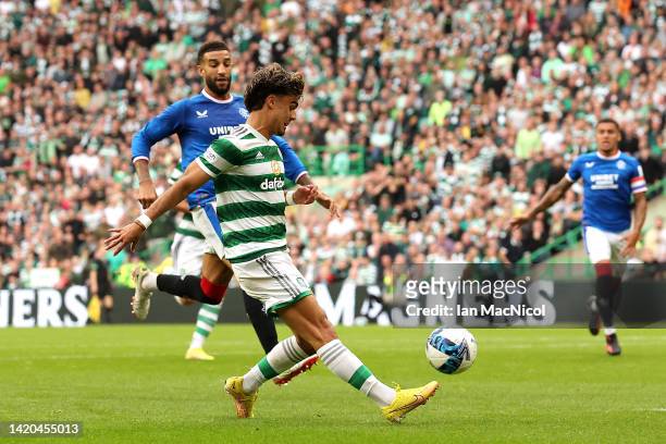 Jota of Celtic scores their team's second goal during the Cinch Scottish Premiership match between Celtic FC and Rangers FC at Celtic Park Stadium on...
