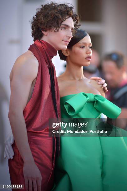 American actor Timothee Chalamet and canadian actress Taylor Russell at the 79 Venice International Film Festival 2022. Bones And All Red Carpet....
