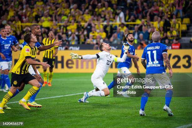Oliver Baumann of Hoffenheim tries to catch the ball during the Bundesliga match between Borussia Dortmund and TSG Hoffenheim at Signal Iduna Park on...