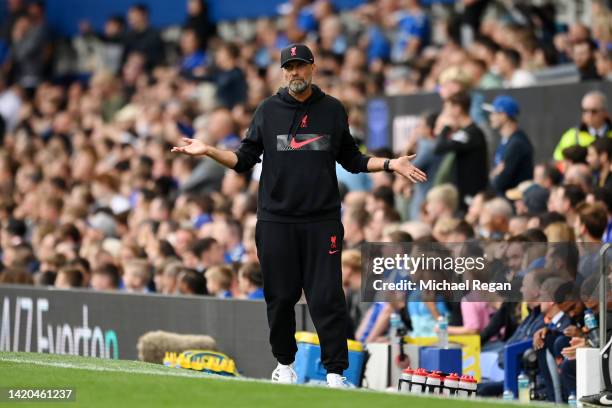 Juergen Klopp, Manager of Liverpool reacts during the Premier League match between Everton FC and Liverpool FC at Goodison Park on September 03, 2022...