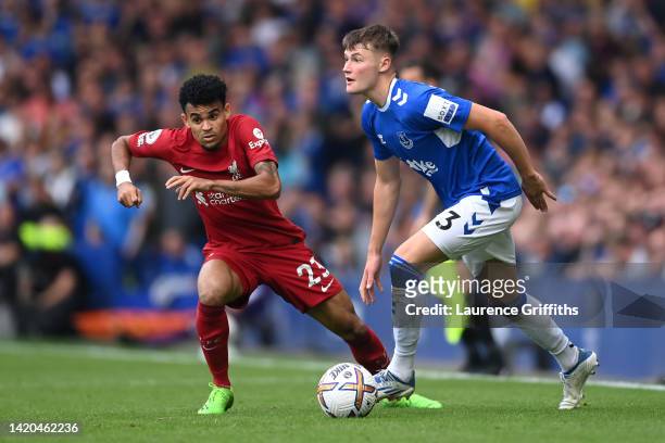 Nathan Patterson of Everton is challenged by Luis Diaz of Liverpool during the Premier League match between Everton FC and Liverpool FC at Goodison...