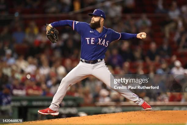Dallas Keuchel of the Texas Rangers delivers a pitch during the second inning against the Boston Red Sox at Fenway Park on September 02, 2022 in...