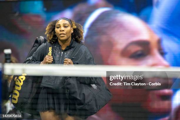 September 02: Serena Williams of the United States arrives on the court for her match against Ajla Tomljanovic of Australia on Arthur Ashe Stadium in...