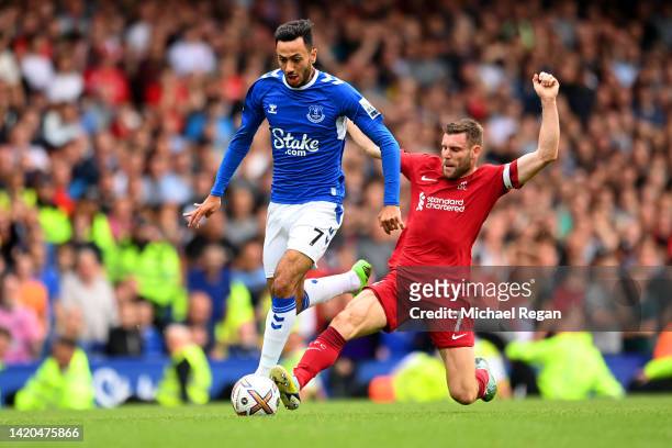 Dwight McNeil of Everton is challenged by James Milner of Liverpool during the Premier League match between Everton FC and Liverpool FC at Goodison...