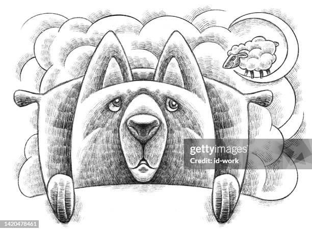 sleepless wolf looking at lamb on moon drawing - wolf sheep stock illustrations