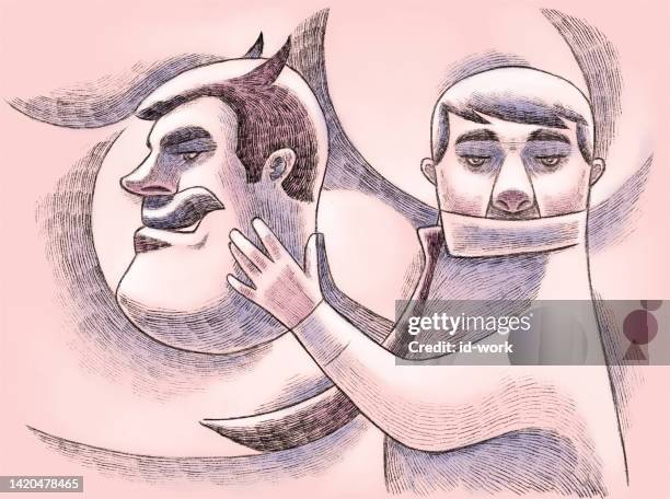 businessman holding evil man head mask - two faces stock illustrations