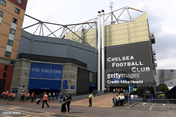 General view outside the stadium prior to the Premier League match between Chelsea FC and West Ham United at Stamford Bridge on September 03, 2022 in...