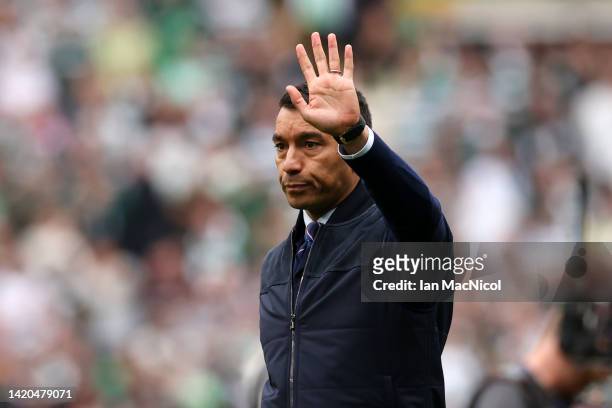 Giovanni van Bronckhorst, Manager of Rangers reacts during the Cinch Scottish Premiership match between Celtic FC and Rangers FC at Celtic Park...