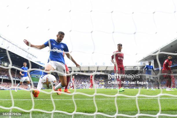 Conor Coady of Everton scores a goal which was later disallowed by VAR for offside during the Premier League match between Everton FC and Liverpool...