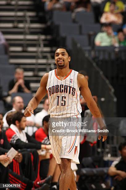Gerald Henderson of the Charlotte Bobcats smiles after a play against the Toronto Raptors at the Time Warner Cable Arena on March 17, 2012 in...