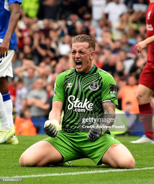 Everton's goalkeeper Jordan Pickford saves the day during the Premier League match between Everton FC and Liverpool FC at Goodison Park on September...