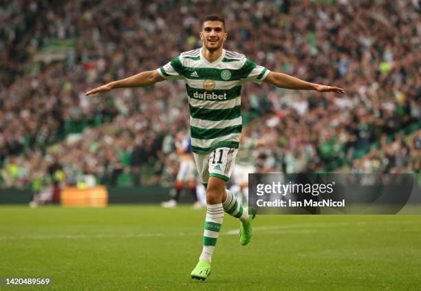 Liel Abada c elebrates scoring his sides third goal during the Cinch Scottish Premiership match between Celtic FC and Rangers FC at on September 03,...