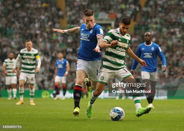 Ryan Kent of Rangers vies with Liel Abada of Celtic during the Cinch Scottish Premiership match between Celtic FC and Rangers FC at on September 03,...