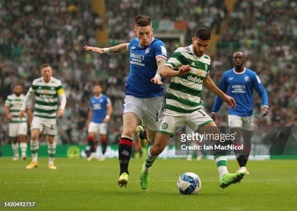Ryan Kent of Rangers vies with Liel Abada of Celtic during the Cinch Scottish Premiership match between Celtic FC and Rangers FC at on September 03,...
