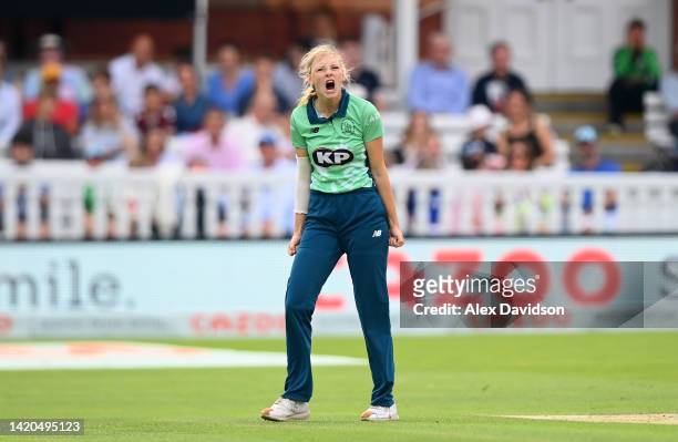 Sophia Smale of Oval Invincibles celebrates taking the wicket of Smriti Mandhana of Southern Brave during the Hundred Final between Oval Invincibles...