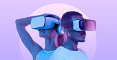 Metaverse people, banner of couple, man and woman in virtual reality headsets exploring VR world