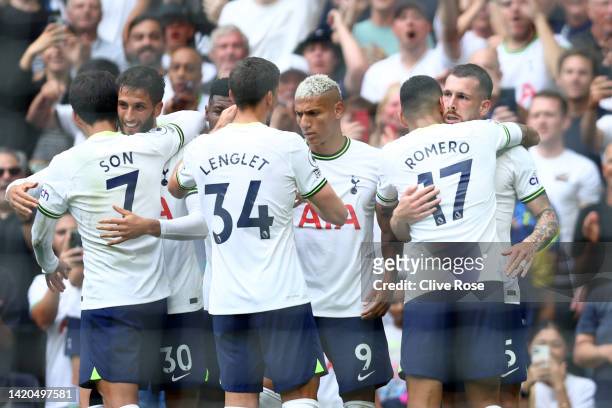 Pierre-Emile Hojbjerg of Tottenham Hotspur celebrates with teammates after scoring their team's first goal during the Premier League match between...
