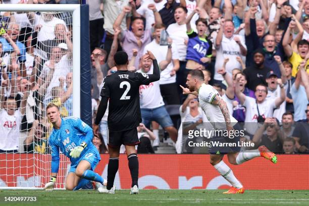Pierre-Emile Hojbjerg of Tottenham Hotspur scores their team's first goal during the Premier League match between Tottenham Hotspur and Fulham FC at...