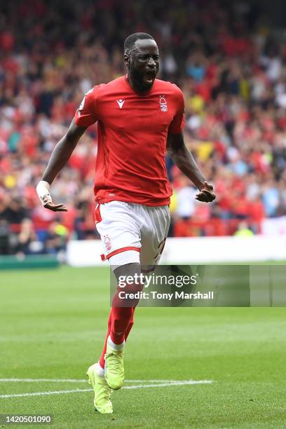 Cheikhou Kouyate of Nottingham Forest celebrates after scoring their team's first goal during the Premier League match between Nottingham Forest and...