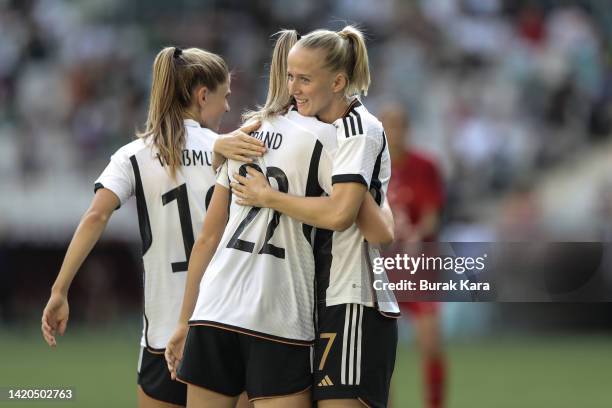 Germany celebrate Lea Schuller's goal during the 2023 FIFA Women's World Cup qualification match between Turkey Women's and Germany Women's at Timsah...