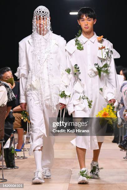 Model walks the runway during the kodus/soduk show during Rakuten Fashion Week TOKYO 2023 S/S at Shibuya Hikarie Hall A on September 03, 2022 in...