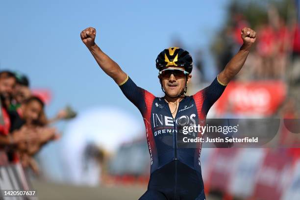 Richard Carapaz of Ecuador and Team INEOS Grenadiers celebrates at finish line as stage winner during the 77th Tour of Spain 2022, Stage 14 a 160,3km...