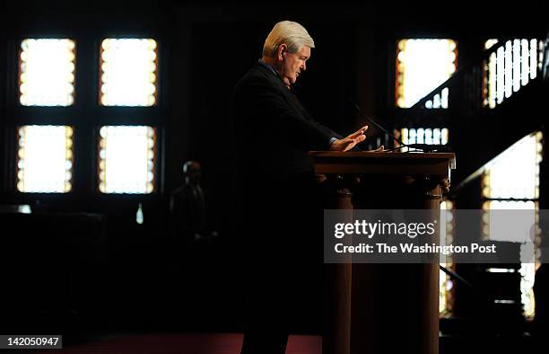 Republican Candidate for President former Speaker Newt Gingrich, speaks to a packed Healy Hall of college students, concerning American innovation,...