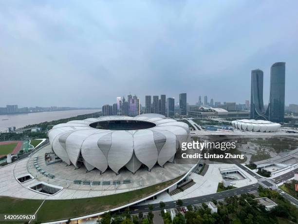 General view Hangzhou Olympic Sports Center Stadium on September 03, 2022 in Hangzhou, China. The 2022 Asian Games have been postponed for one year...