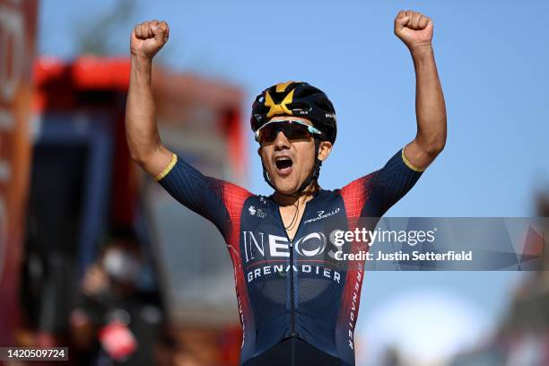 Richard Carapaz of Ecuador and Team INEOS Grenadiers celebrates at finish line as stage winner during the 77th Tour of Spain 2022, Stage 14 a 160,3km...
